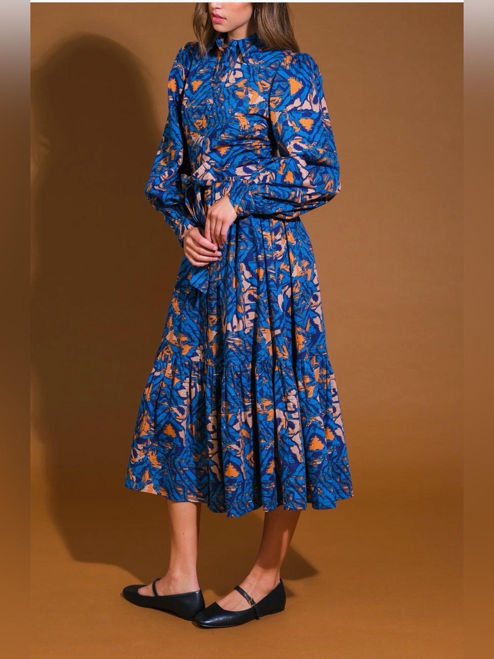 FLYING TOMATO Print Long Sleeve Cotton Midi Shirtdress - Size S